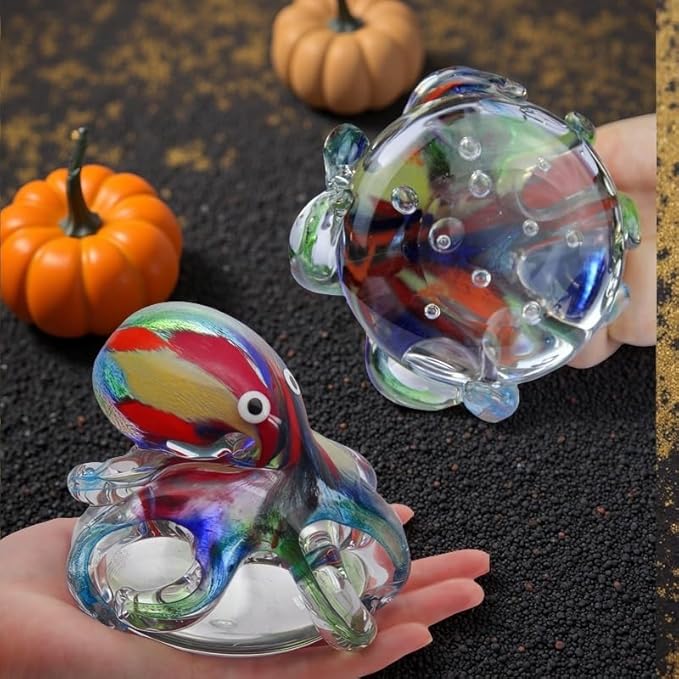 Hand Blown Glass Octopus Figurine with Iridescent Tentacles & Polished Crystal Base, Sea Life Figurines for Decorating Fish Tank Aquariums, Glass Paperweight (Multicolor)