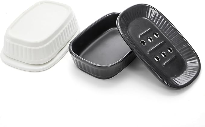 Tebery 2 Pack Ceramic Soap Dish, Non-Slip Shower Soap Holder, Double Layer Detachable Soap Saver Tray for Bathroom, Kitchen Sink, Countertop