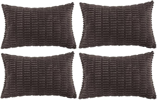 Fancy Homi 4 Packs Boho Dark Brown Decorative Throw Pillow Covers 12x24 Inch for Living Room Couch Bed Sofa, Rustic Modern Farmhouse Home Decor, Soft Plush Corduroy Cute Square Cushion Case 30x60 cm