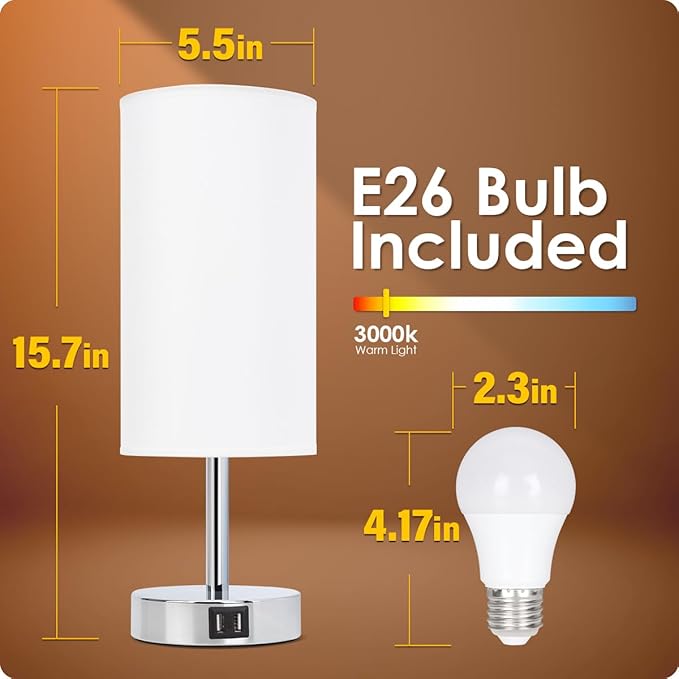 Yarra-Decor Bedside Lamps with USB Port - Touch Control Table Lamp for Bedroom 3 Way Dimmable Nightstand Lamp Set of 2 with Round White Fabric Shade for Living Room, Dorm, Home Office (White, 2 Pack)