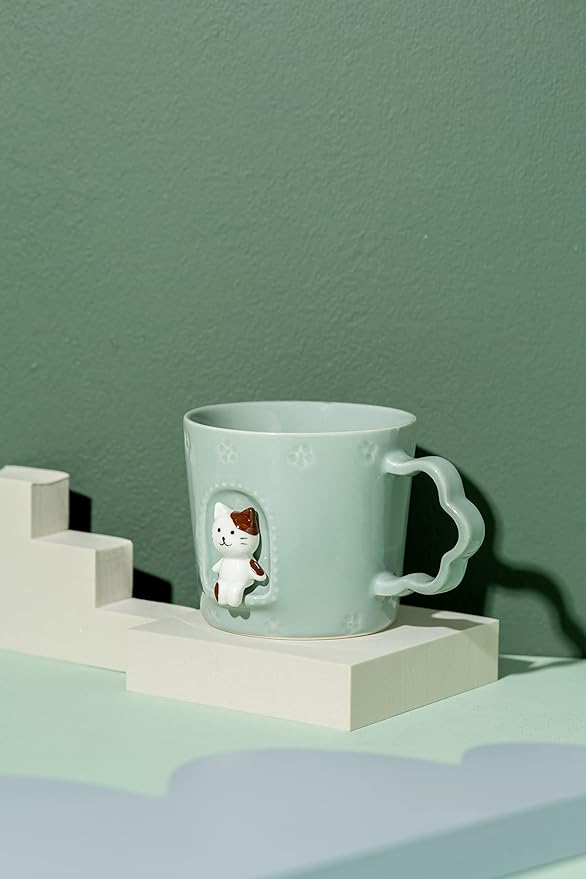 DIHOclub Cat Ceramic Cup Window Animals Mug Cute Cartoon Handmade Figurine Mugs,Holiday and Birthday Gift for Daughter,Son,Kids,9 OZ (Blue)