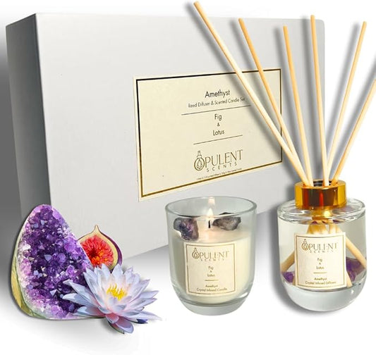 Crystal Candle & Diffuser Set with Amethyst – Fig & Lotus Aroma by Opulent Scents | 100% Natural Soy Wax & Oils | Relaxation & Serenity Gift for Home