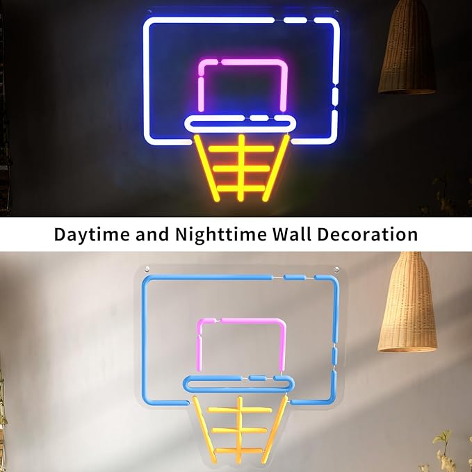 Basketball Hoop Neon Sign for Wall Decor, LED Sign with Dimming Switch for Sports Fans, Kids, Man Cave, Bedroom, Home Accessories, Bar Decor, Party & Holiday Decorations - 13.8" x 12.6"