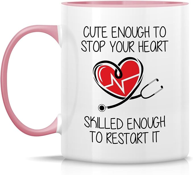 Retreez Funny Mug - Cute Enough To Stop Your Heart Skilled to Restart It Doctor 11 Oz Ceramic Coffee Mugs - Sarcasm, Motivational, Inspirational birthday gifts - White Mug with Pink Handle and Inner