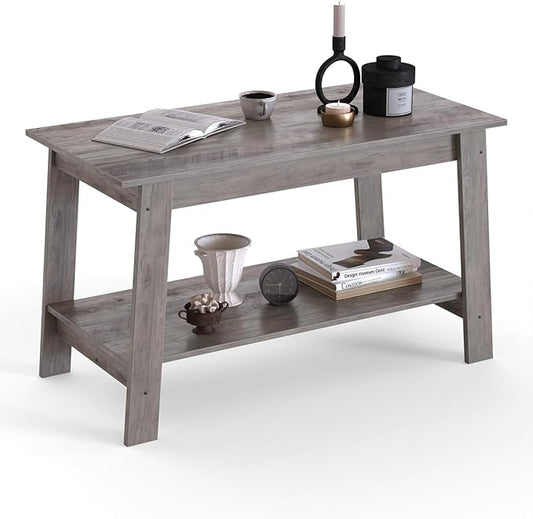2-Tie Coffee Table, Rustic Wood Living Room Tables with Open Rectangular Storage Compartment, Coffee Tables for Living Room, Outdoors, Home Office, Bedroom, Grey