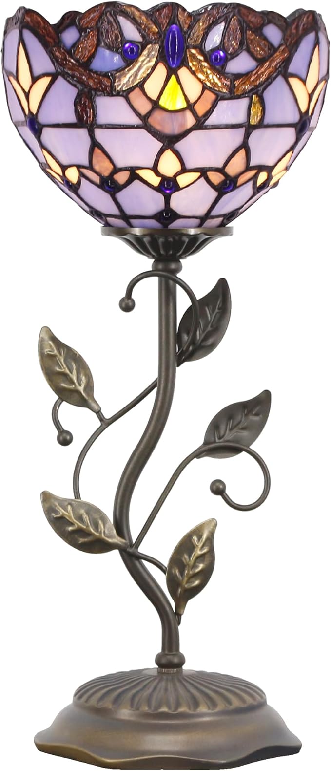 Small Tiffany Lamp Stained Glass Table Lamp Uplight Accent Lamp with Metal Leaf Base Blue Baroque Style Desk Light 8X19 Inch for Home Office Living Room Bedroom