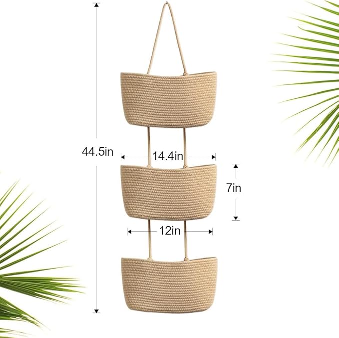 TeoKJ Over the Door Hanging Basket, 3-Tier Woven Cotton Wall-Mounted Storage Organizer with Self Adhesive Dessert Stick Decorative Hanging Nursery Baskets - Jute
