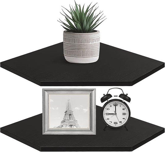 Homode Corner Shelf Wall Mount, Set of 2 Corner Floating Shelves with Wire Hole for TV, Cable Box, Wood Hanging Storage Shelf Organizer for Bathroom Kitchen Living Room Bedroom, Black