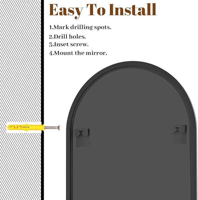 Arched Wall Mirror, 32 x 48 inch Arch Bathroom Mirror, Wall Mounted Vanity Mirror with Arch Metal Frame, Modern Bathroom Vanity Mirror for Bedroom, Living Room, Hanging or Leaning, Black