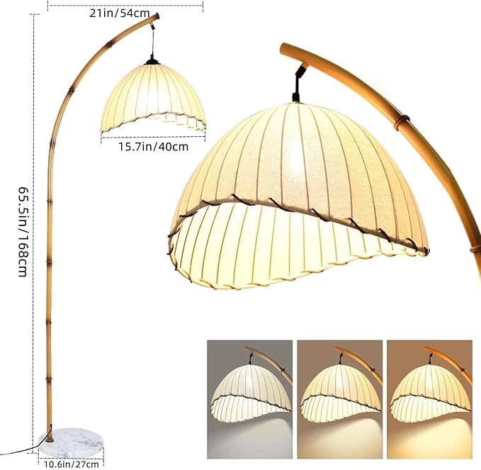 Retro Floor Lamp Unique Bamboo Color Floor lamp Bohemian Hanging Arc Floor Lamp with Antique Rattan Style Vertical Standing tall Lamp for Bed Room Farmhouse Study Living Room Indoor decoration