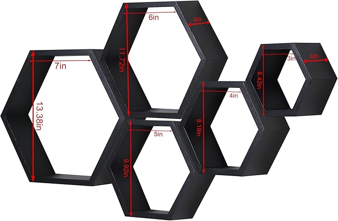 PHOENANCEE Hexagon Floating Shelves,Wall Mounted Wood Farmhouse Storage Honeycomb Wall Shelf Set of 5,for Bathroom, Kitchen, Bedroom, Living Room,Office,Home Room Wall Decor Driftwood Finish