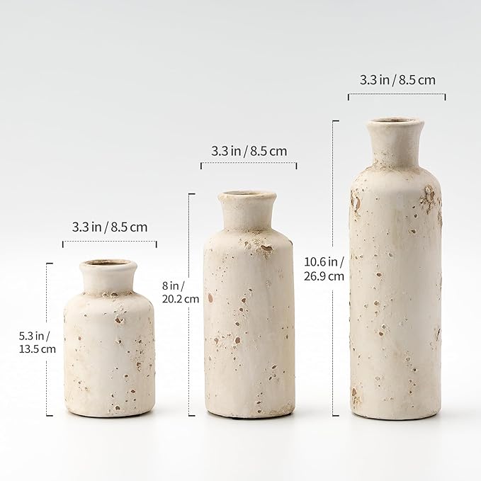 SIDUCAL Ceramic Rustic Farmhouse Vase Set of 3, Whitewashed Terracotta Vase, Clay Decorative Vases for Home Decor, Living Room, Shelf, Mantel Decoration(Rustic White)