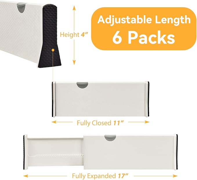 JONYJ Drawer Dividers Organizer 6 Pack, Adjustable Separators 4" High Expandable from 11-17" for Bedroom, Bathroom, Closet, Clothing, Office, Strong Secure Hold, Foam Ends, Locks in Place