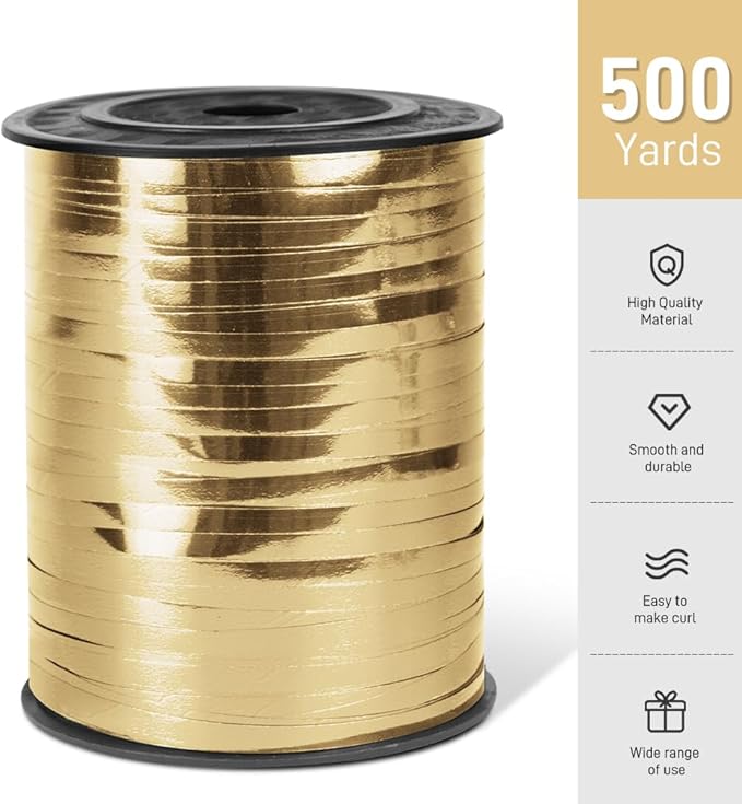 500 Yards Metallic Shiny Curling Ribbon with Spool, 1/5" Curly Ribbons - Perfect for Gift Wrapping, Florist Flowers, Birthday Party Decorations, and Balloon String Ribbon in Champagne Gold
