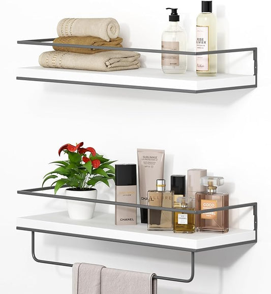 Shario Floating Shelves - Set of 2, Wall Mounted Hanging Shelves with Golden Towel Rack, Decorative Storage Shelves for Bathroom, Kitchen, Living Room & Bedroom (White Grey)