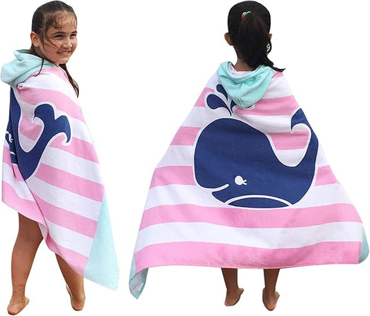 Hooded Towel for Kids, 100% Cotton Soft and Absorbent, Pool Bath Beach Swim Towel Wrap, Bathrobe Coverups for Girls and Boys, Extra Large:50??x 30??Pink Striped Whale)