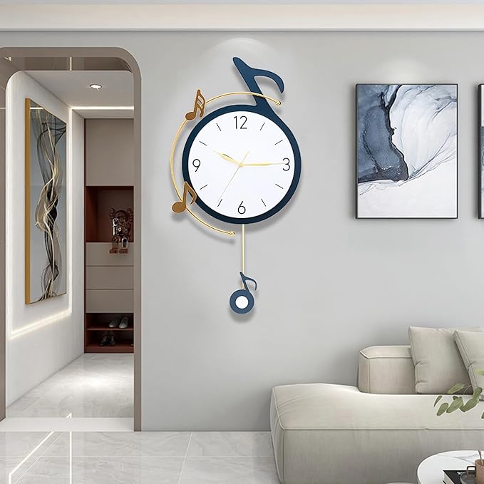 Decorative Quartz Wall Clock with Pendulum, Battery Operated, Music Note Art for Living Room, Kitchen, Home, Bathroom, Bedroom Decor, 12.6x22 Inch