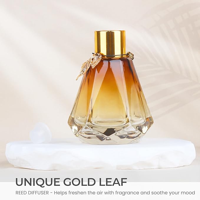6PCS Reed Diffuser, Reed Diffuser Empty Bottles with 6PCS Delicate Gold Leaf Decor DIY, Glass Fragrance Diffuser Set with lids for Home, Bathroom, Refillable, Diamond Style Gold