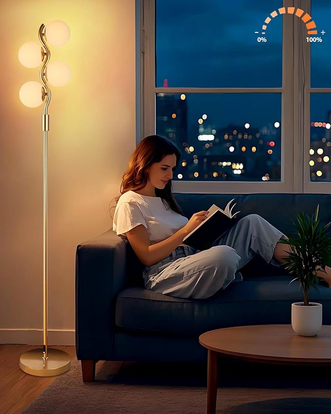 60IN Dimmable (Brightness Adjustable) Gold Floor Lamp, Modern Standing Lamps with 4 Globe Soft Warm White 3000K Bulbs, Mid Century Floor Lamp for Living Room Bedroom Home Decor