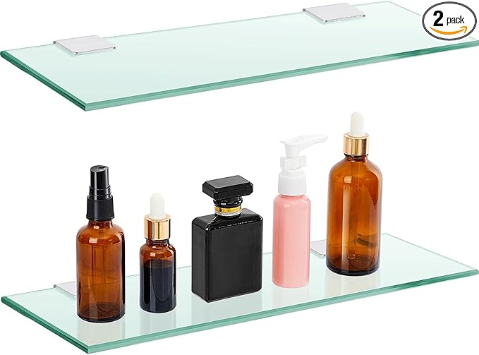 Tatuo 2 Pieces Bathroom Shelf Tempered Glass Shelf for Bathroom, 304 Stainless Steel Wall Mount Floating Glass Shelves (15.8 Inch)