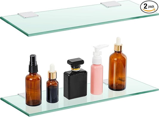 Tatuo 2 Pieces Bathroom Shelf Tempered Glass Shelf for Bathroom, 304 Stainless Steel Wall Mount Floating Glass Shelves (15.8 Inch)