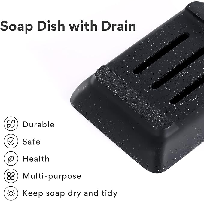 Soap Dish with Drain, Aimou Bar Soap Holder Saver Self Draining Waterfall Soap Sponge Tray Dishes, Easy Clean Soap Case Box Container for Bathroom Shower Kitchen Sink Countertop Black