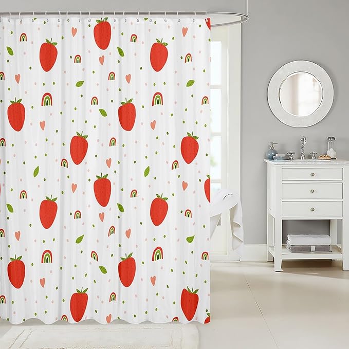 Feelyou Strawberry Shower Curtain Fruits Fabric Shower Curtain for Kids Boys Girls Rainbow Green and Pink Dots Bathroom Waterproof Accessories with 12 Hooks White and Red Curtains,72X72 Inches