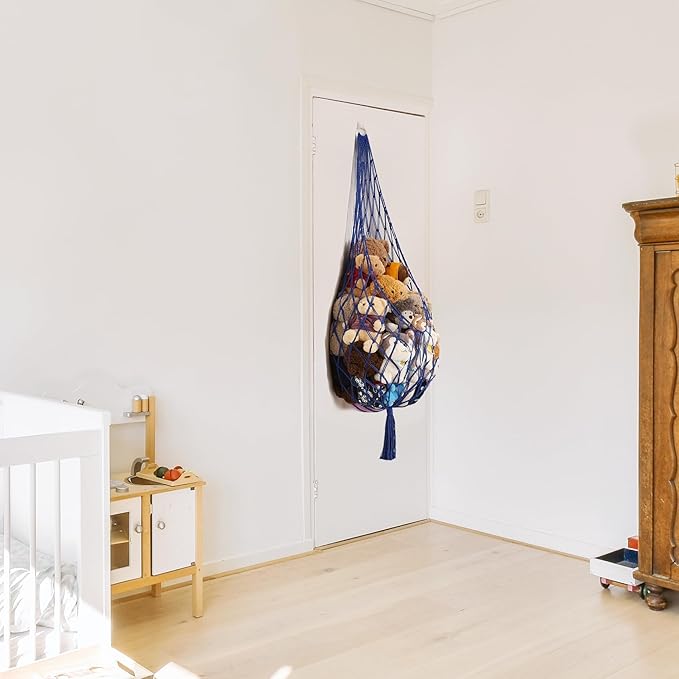 Stuffed Animal Storage Toy Hammock Corner Hanging Net for Stuff Animal Storage Macrame Toy Display Plushie Toy Holder-Wall Hanging Net for Kid Bedroom Decor Playroom Organizer (Blue)