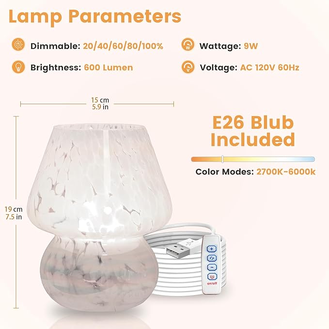 USB Plug-in Mushroom Lamp Small Bedside Table Lamp with 3 Temperature LED Bulb, Free Dimming Nights Light for Bedroom/Living Room/Entryway/Corner Decor or New Home Gift(Rainbow White)