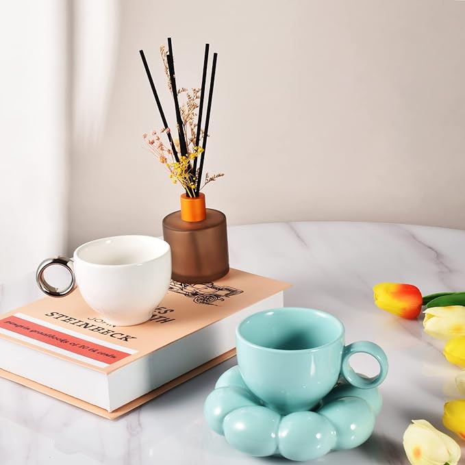 Koythin Ceramic Coffee Mug with Saucer Set, Creative Cute Cup with Sunflower Coaster for Office and Home, 6.5 oz/200 ml for Tea Latte Milk (Electroplating White and Silver)