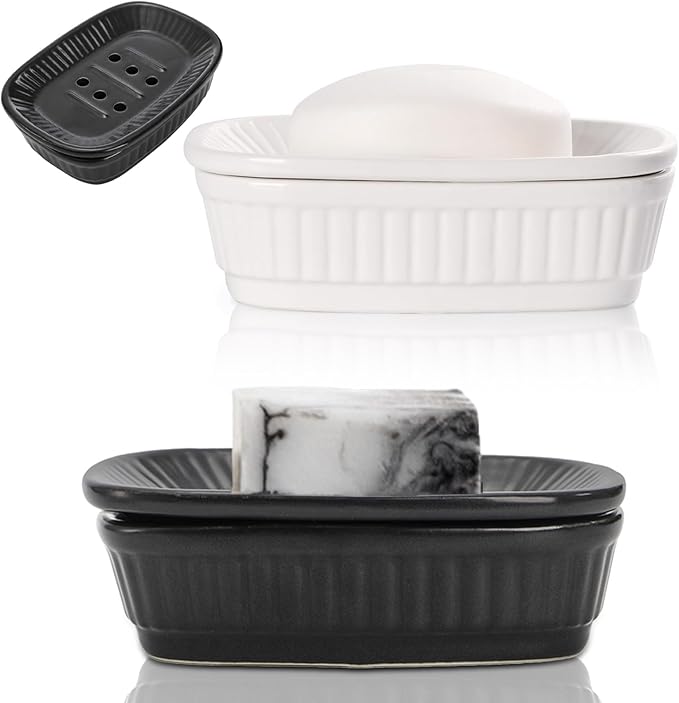 Tebery 2 Pack Ceramic Soap Dish, Non-Slip Shower Soap Holder, Double Layer Detachable Soap Saver Tray for Bathroom, Kitchen Sink, Countertop