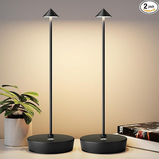 2Pack Rechargeable Cordless Table Lamp, Portable Powered LED Battery 6000mAh Metal USB Desk Lamp, 3 Levels Brightness Light for Restaurants Outdoor (2pack Black)