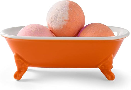 6.5" Ceramic Mini Decorative Clawfoot Bathtub Bar Soap Dish, Kitchen Sponge Holder and Shower Tray for Bathroom, 1 Pack(Tangerine)