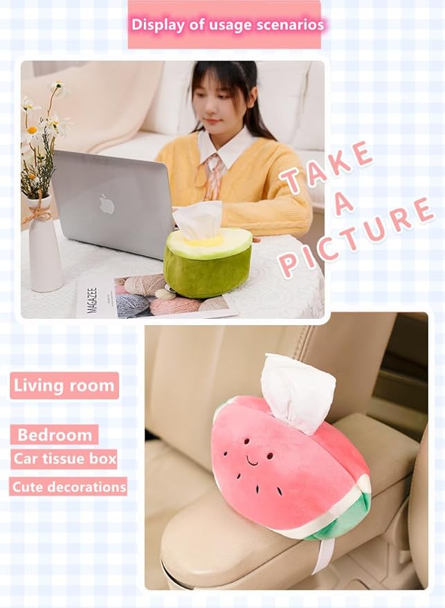 Fruit Tissue Box Cover, Plush Fabric, Home and Car Decorative Accessory (Avocado Shape)
