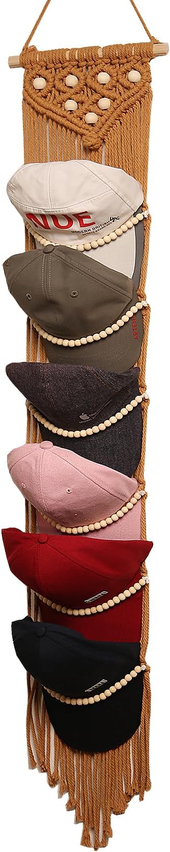 Ball Cap Hanger-1 Pack-Boho Macrame Cap Holder Wall Hat Organizer for Baseball Cap Holder Over Door, Hat Rack for Wall, Cap Rack for Decoration and Display(Brown)