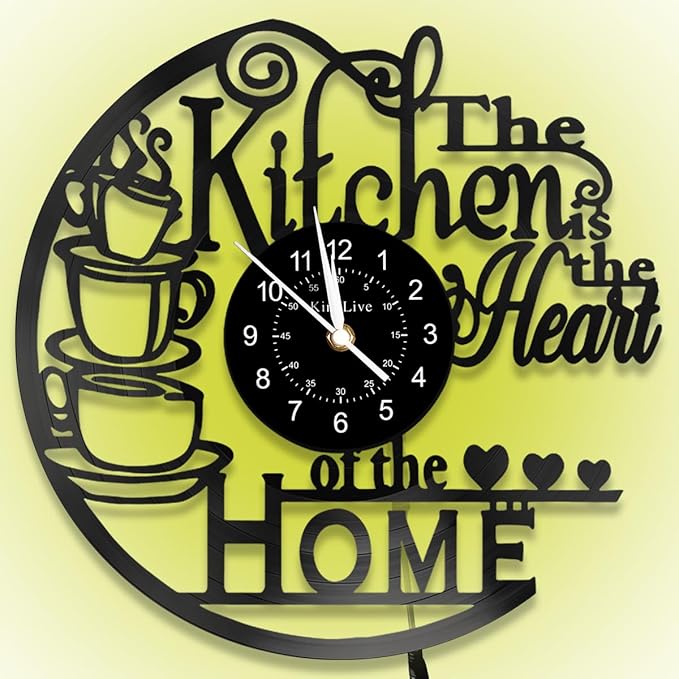 KingLive Kitchen Wall Clock with 7 Colors LED Light, Vintage Style Coffee Theme, Kitchen Coffee Bar Vinyl Record Decor