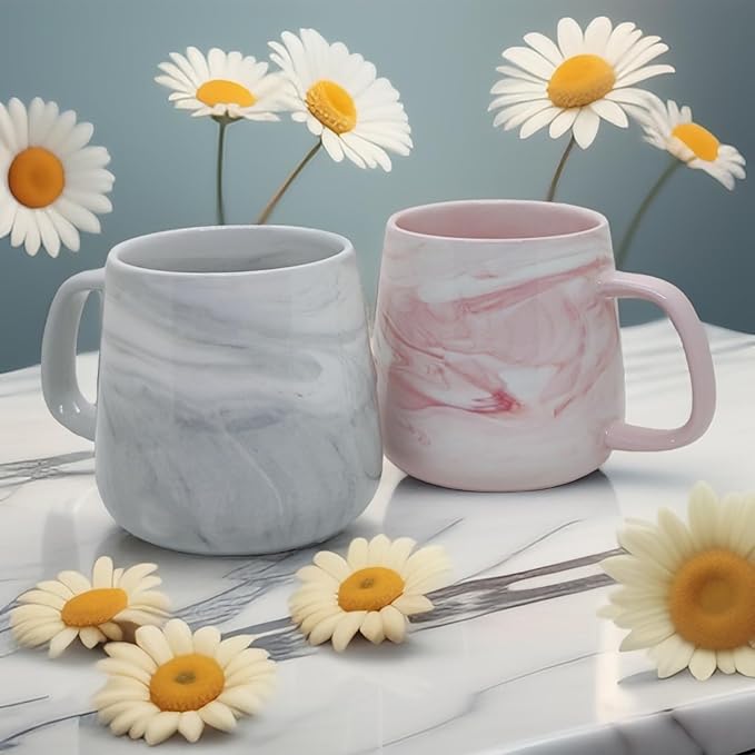 Ceramic Coffee Mug Set of 2, Gray and Pink Marble Pattern Procelain Couple Mugs, Stoneware Matching Cups, Dishwasher Safe, Microwave Safe, 13 oz