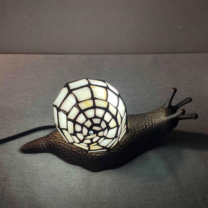 Bieye L10988 Land Snail Tiffany Style Stained Glass Accent Table Lamp for Home Decor (White, 10" D x 5" W x 5" H)