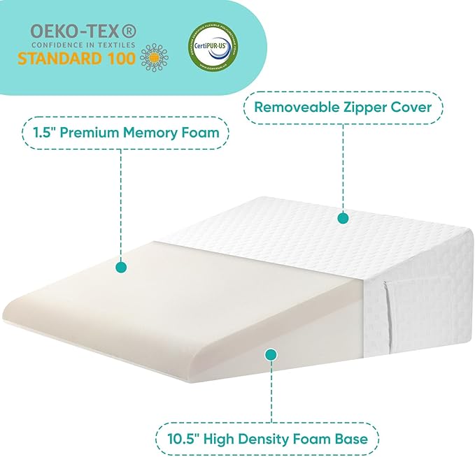 Bed Wedge Pillow for After Surgery Premium 7.5" Wedge Pillow for Sleeping with Memory Foam Top, Triangle Pillow Wedge for Acid Reflux Snoring Post Surgery Leg Elevation Back & Knee Pain Relief -White