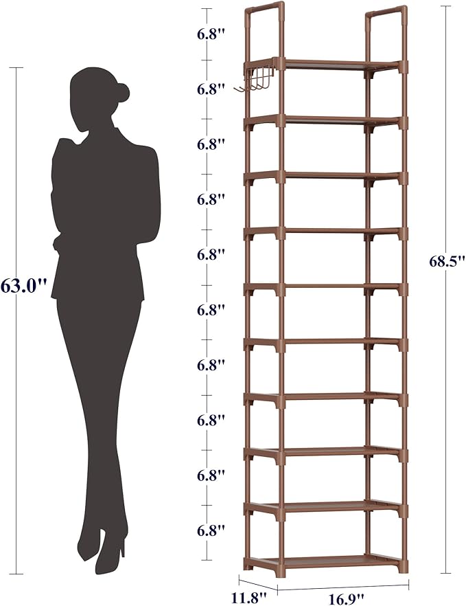 Kitsure Shoe Rack - 10-Tier Shoe Organizer with Detachable Fabric Shelves & Thick Metal Frame, Easy-to-Assemble Tall Shoe Rack for Closet, Entrance, Living Room, 16.9" × 11.8" × 68.5", Brown