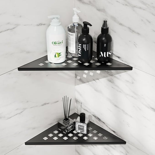 Shower Corner Shelf 2-Pack, 10" Slot Design Bathroom Shelves for Tiled Wall, 304 Stainless Steel Recessed Organizer Corner Shelves for Inside Shower Decor, Black, 2 Pack (Floral)