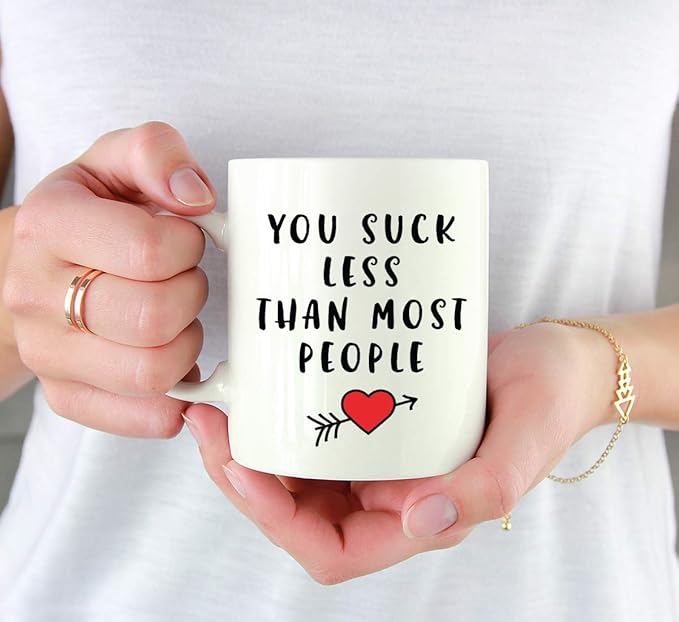 Andaz Press Valentine’s Day Funny 11oz. His Her Couples Coffee Mug Gift, You Suck Less Than Most People, Heart Graphic, 1-Pack, Gift Box