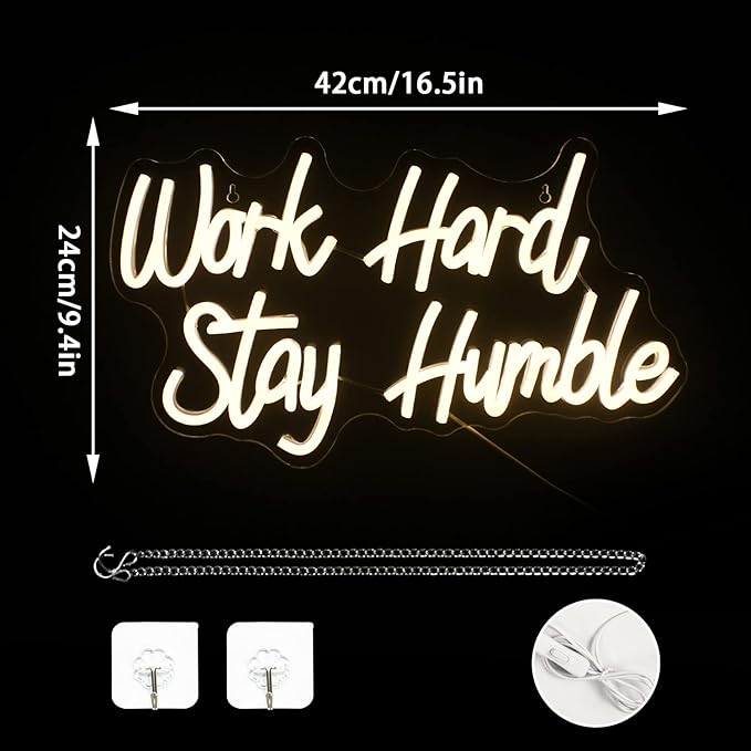 NOSUN Work Hard Stay Humble Neon Sign Warm White Neon Signs for Wall Decor with Dimmable Office LED Neon Signs Motivational Neon Lights for Bedroom Office Wall Apartment Study Decor Light Up Sign