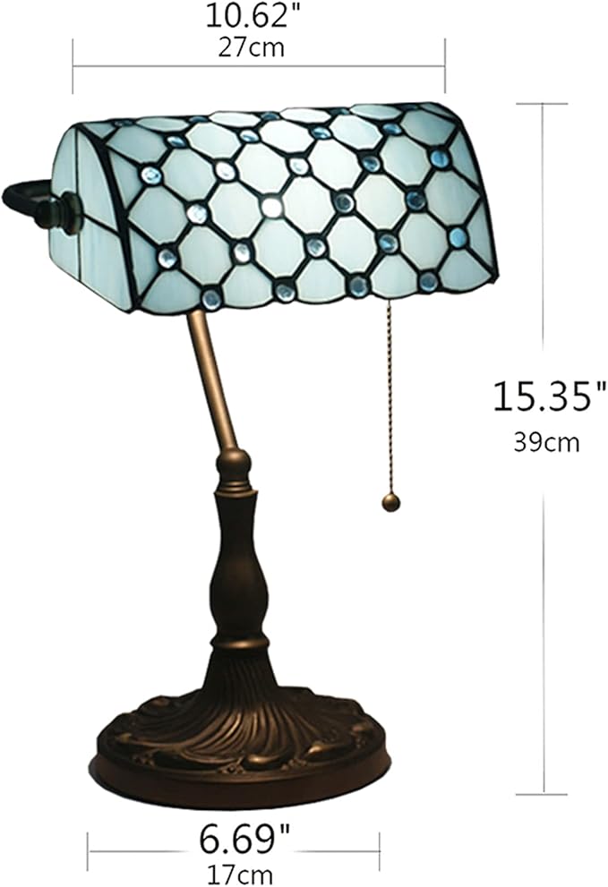 Tiffany Style Bankers Table Lamp Stained Glass Piano Desk Lamp Vintage Bedroom Bedside Lamp for Study,Antique Alloy Base,Zipper Switch,Blue a
