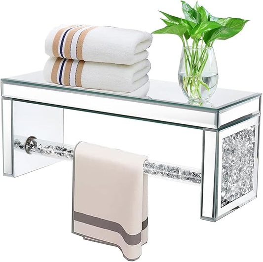 TACIDON Glass Mirrored Wall Shelf. Wall Mounted for Over Toilet. Glamorous Crystal Diamond Glass Towel Bar. Decorative Storage Glass Shelf for Bathroom, Kitchen or Bedroom.(Silver)