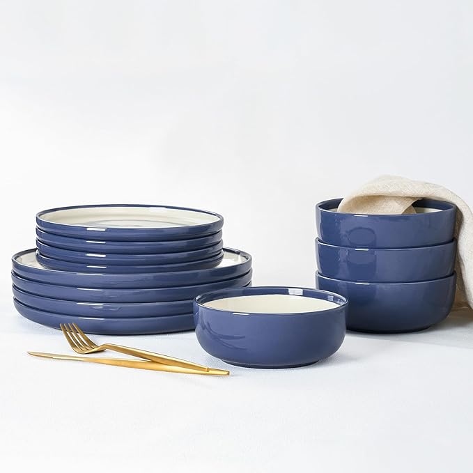 Famiware Lake MacDonnell Plates and Bowls Set for 4, 12 Pieces Dinnerware Sets, Handcrafted, Stoneware Dishes Set, Blue and Beige