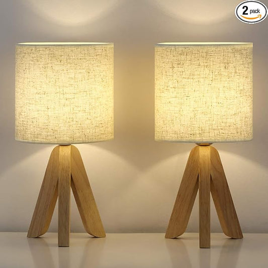 HAITRAL Small Table Lamps - Wooden Tripod Nightstand Lamps Set of 2 for Bedroom, Living Room, Office, Home with Fabric Linen Shade