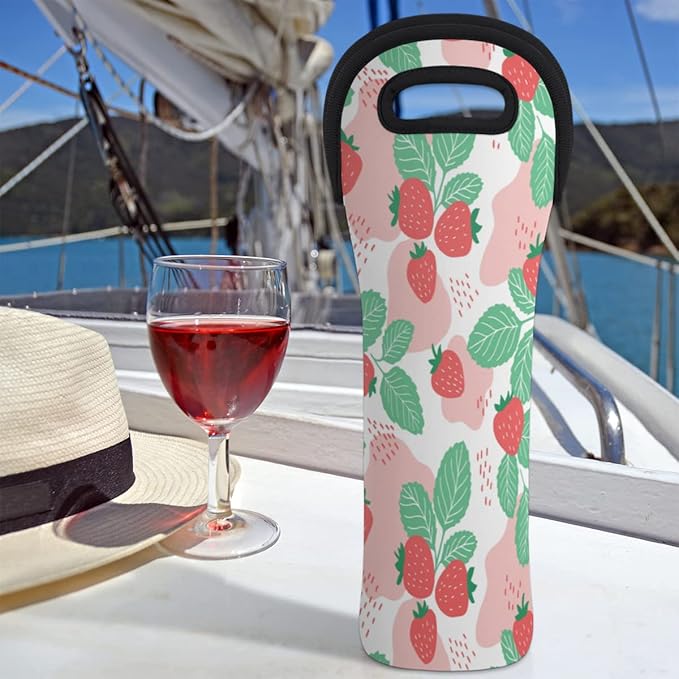 Strawberry And Seeds Wine Gift Tote Carrier Juicy Fruit Neoprene Wine Tote Bags Holder Cooler Wine Lover Gift