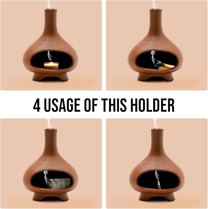 Palo Santo Holder Handmade Ceramics Incense Burner Chimney Dish Smudge Bowl for Palo Santo Sticks Sage Bundles with Brush(Brown) (Combustion Furnace)
