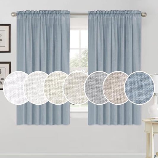 PrinceDeco Linen Curtains Rod Pocket Thick Linen Burlap Curtains for Bedroom/Children's Room Light Filtering Window Drapes Burlap Look Farmhouse Country Decor, W52 x L63, 2 Panels，Stone Blue